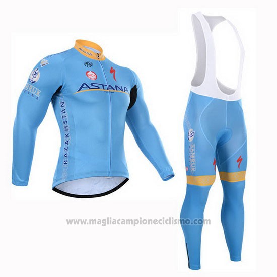 2015 Abbigliamento Ciclismo Astana Azzurro Manica Lunga e Salopette